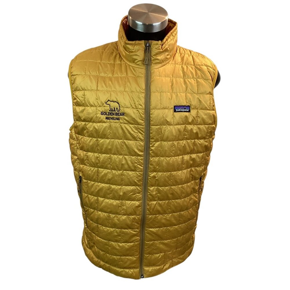 Patagonia Primaloft PURE Quilted Mens Large Gold Vest Golden Bear Logo